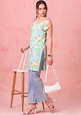Turquoise Blue Floral Print Kurtas