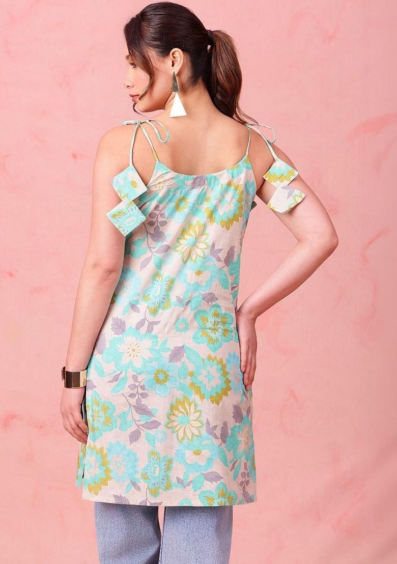 Turquoise Blue Floral Print Kurtas - Indya