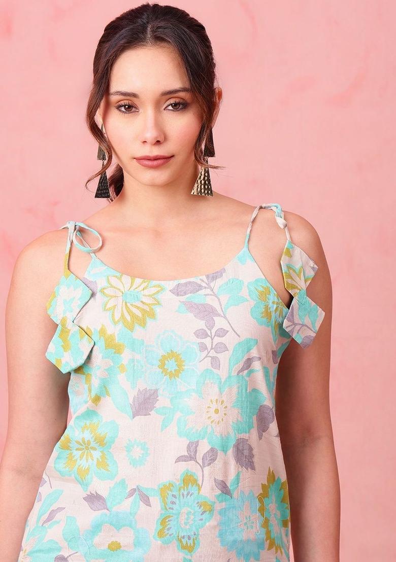 Turquoise Blue Floral Print Kurtas - Indya