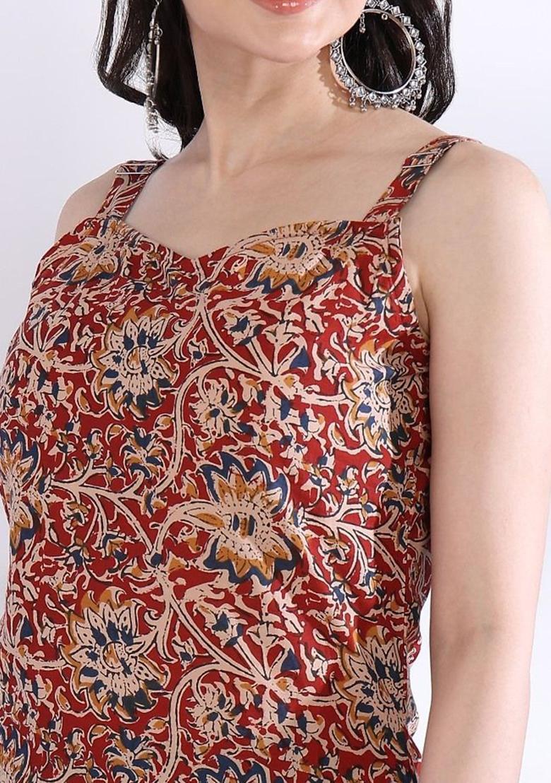 Maroon Floral Print Cotton Kurtas - Indya