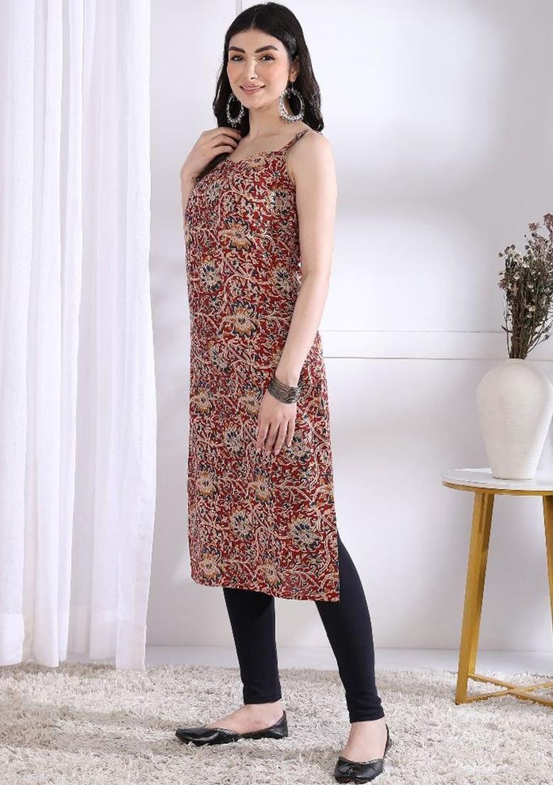 Maroon Floral Print Cotton Kurtas - Indya