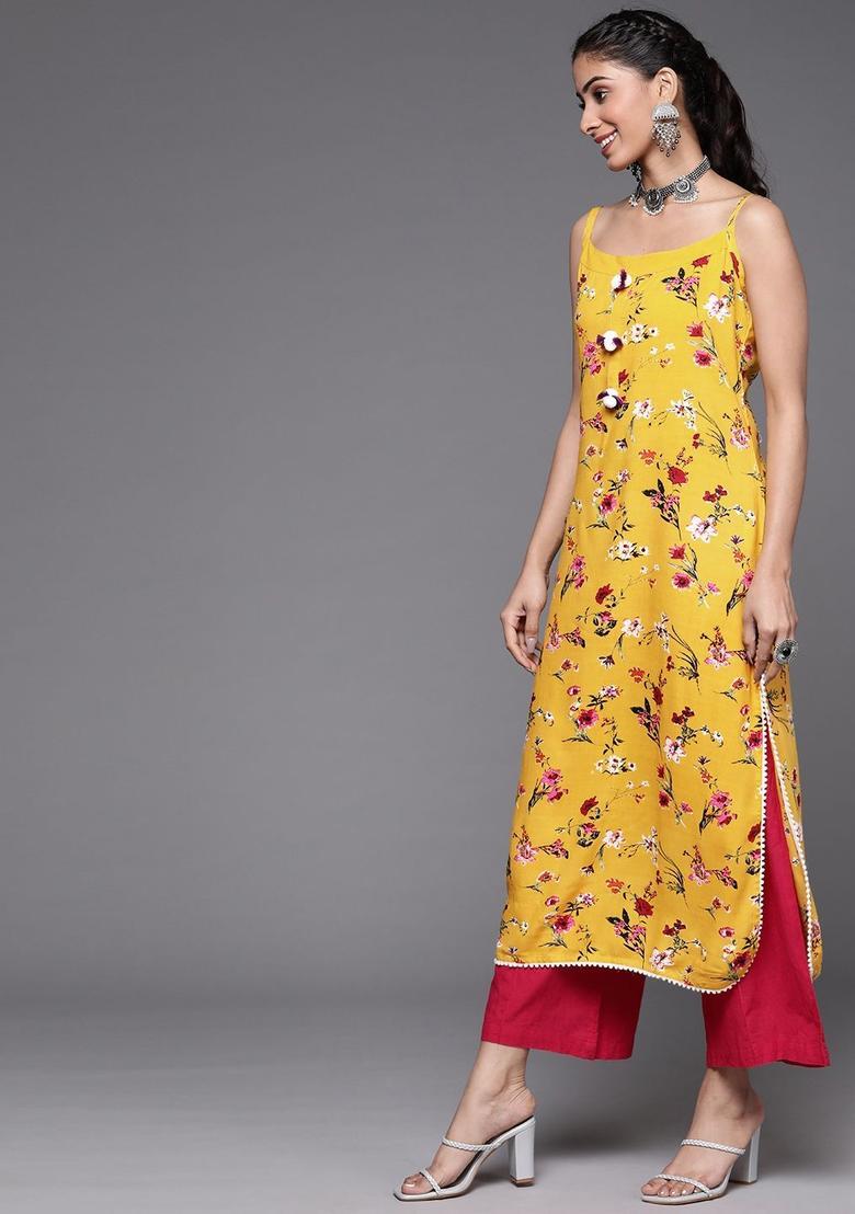 Yellow Floral Print Kurtas - Indya
