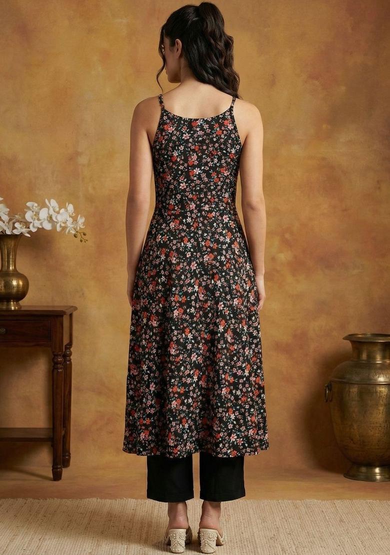 Black Floral Print Kurtas - Indya