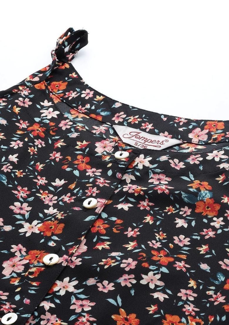 Black Floral Print Kurtas - Indya