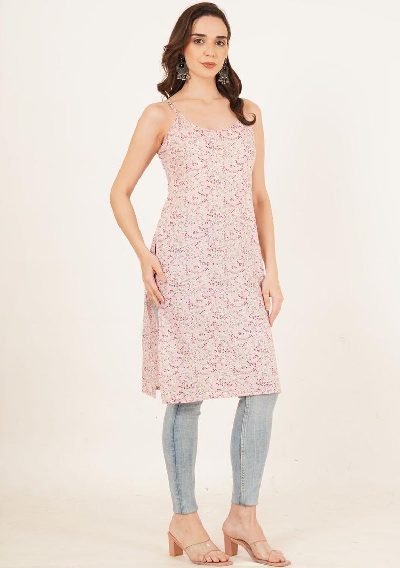 Pink Floral Print Cotton Kurtas - Indya