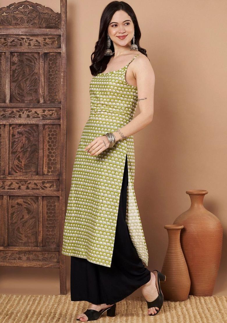 Green Printed Cotton Kurtas - Indya
