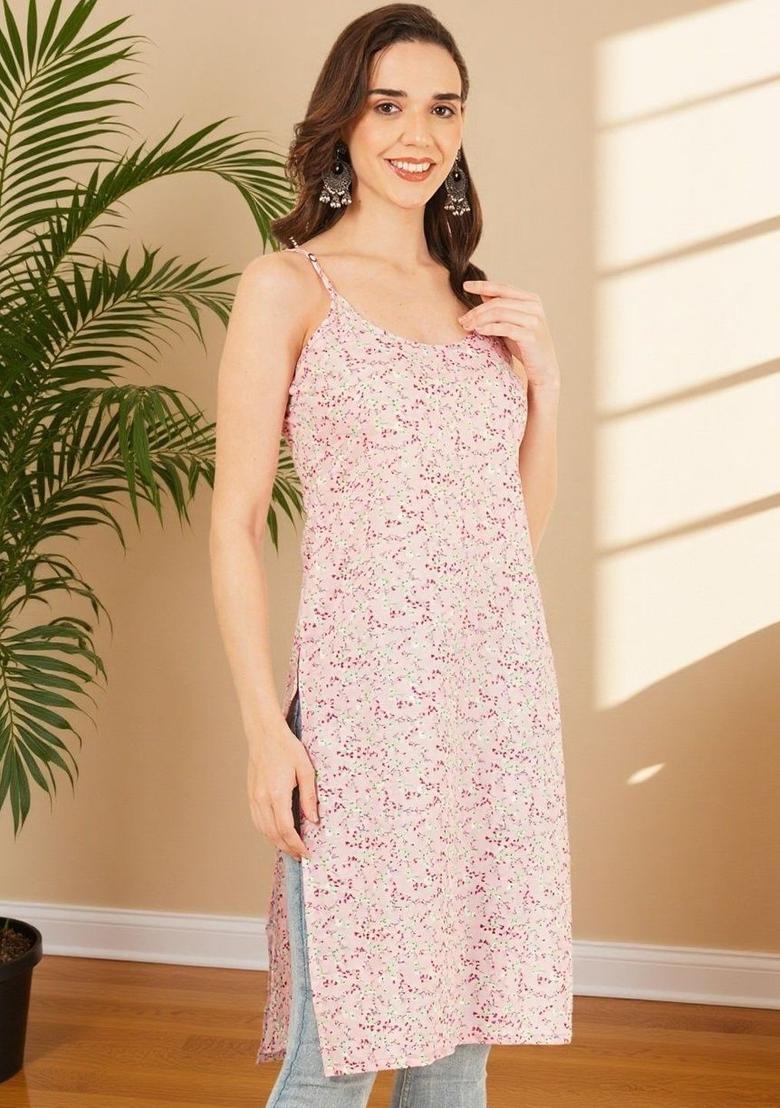 Pink Floral Print Cotton Kurtas - Indya
