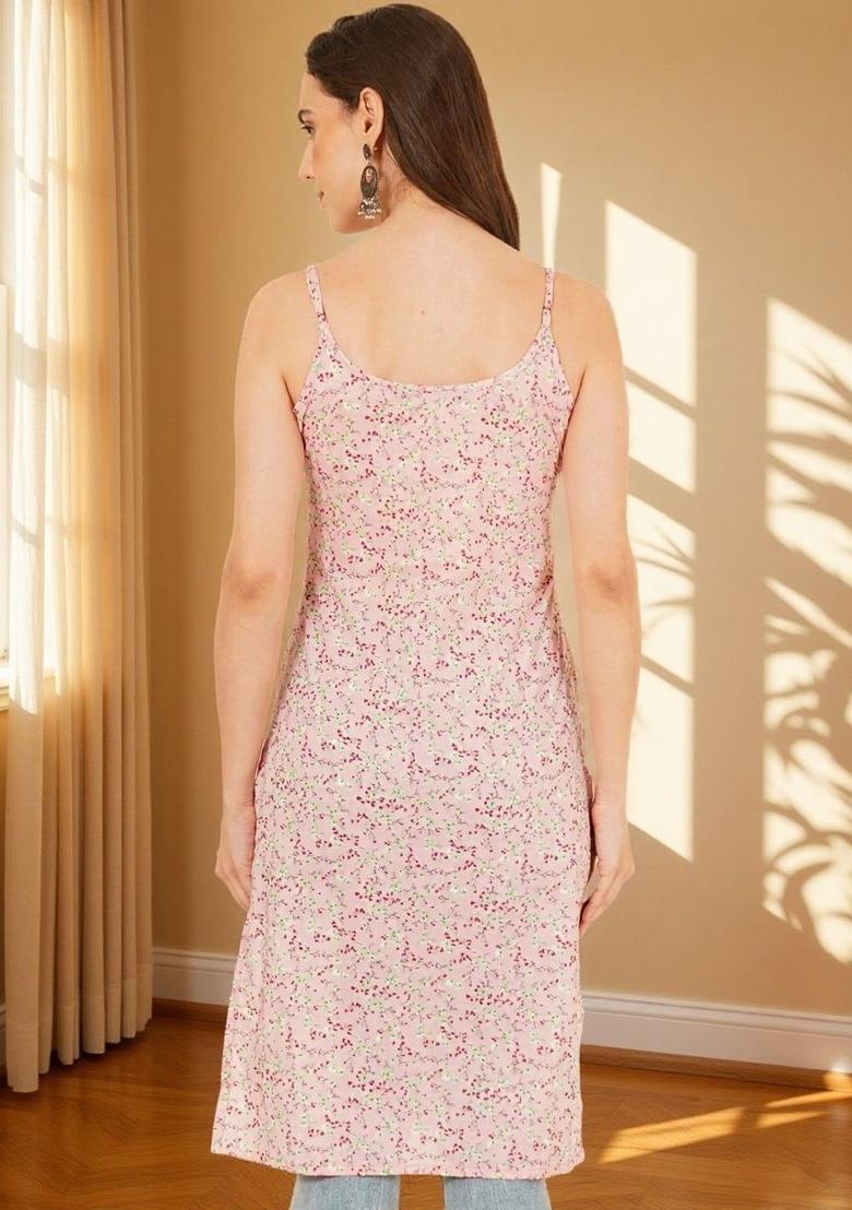 Pink Floral Print Cotton Kurtas - Indya