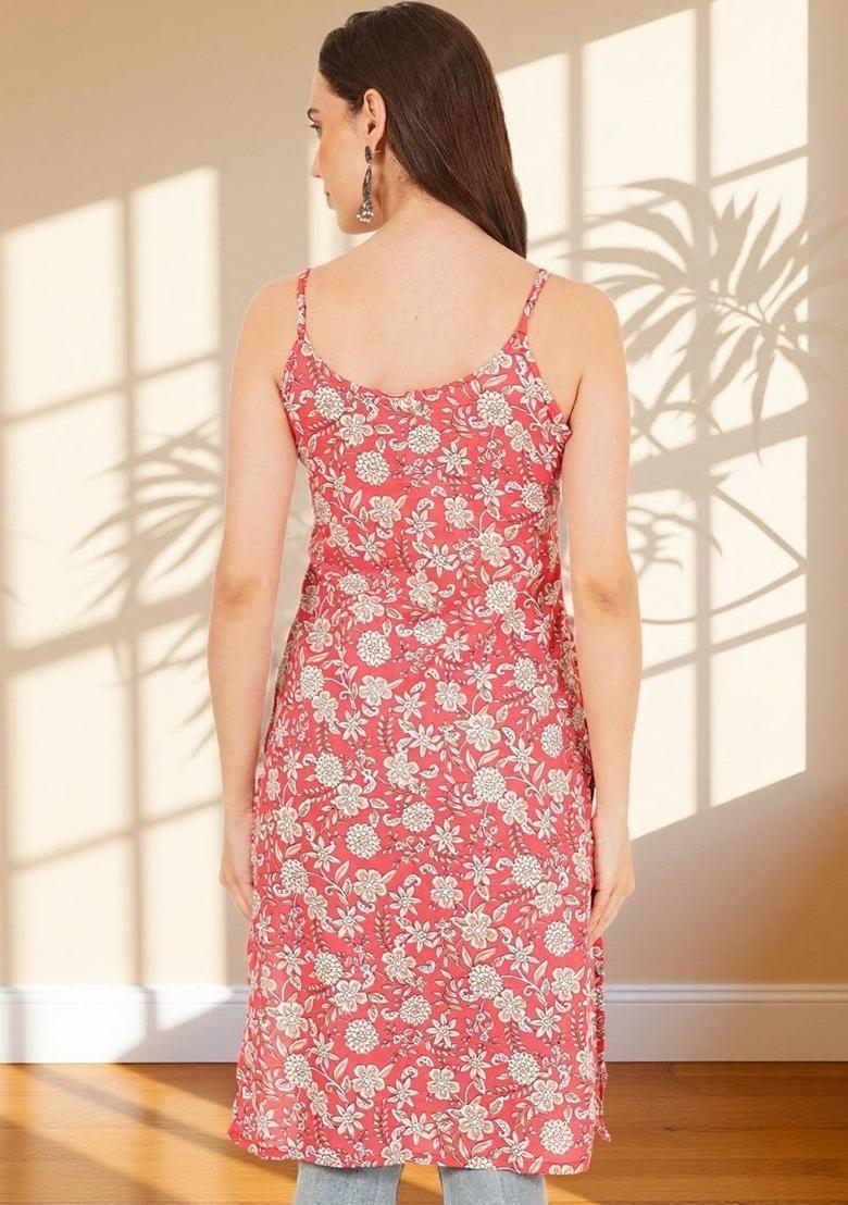Red Floral Print Cotton Kurtas - Indya
