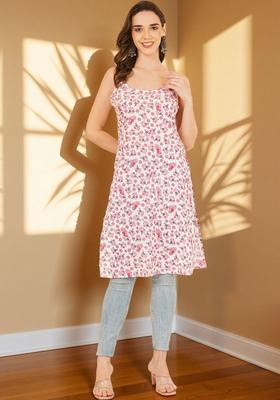 White Floral Print Cotton Kurtas