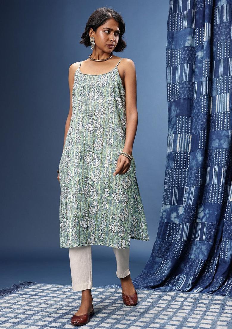 Green Floral Print Kurtas - Indya
