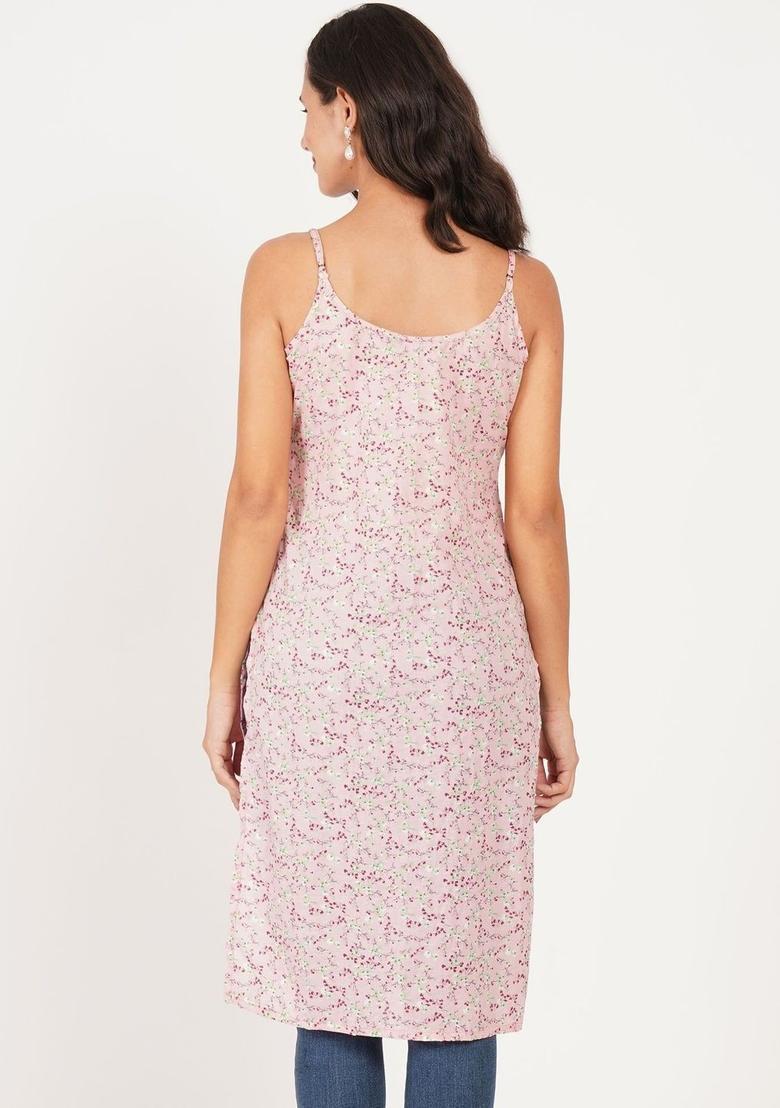 Pink Floral Print Cotton Kurtas - Indya