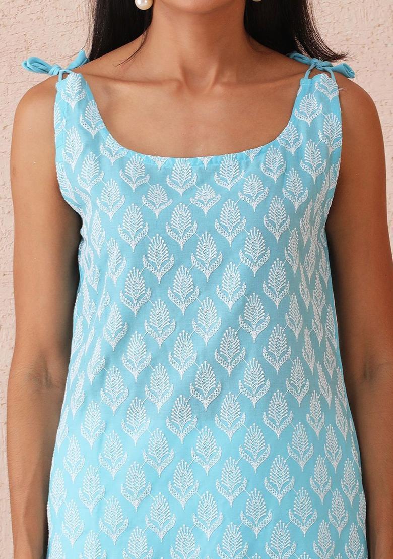Blue Embroidered Cotton Kurtas - Indya
