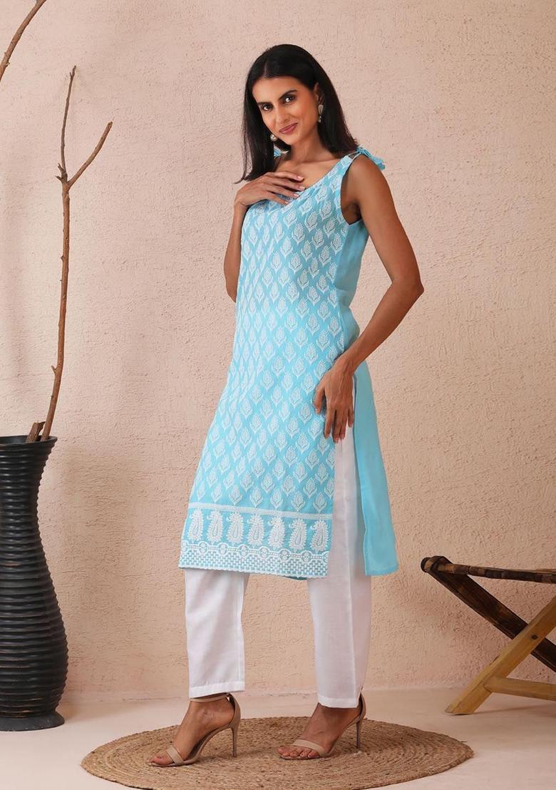 Blue Embroidered Cotton Kurtas - Indya