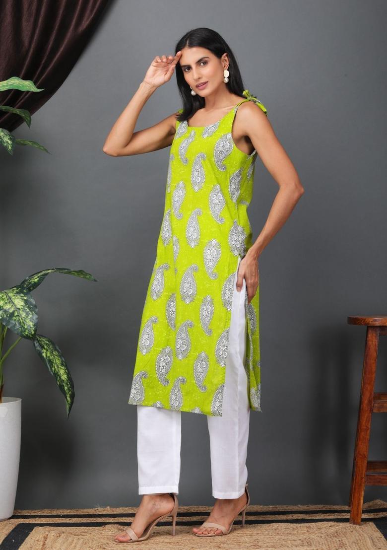 Green Printed Cotton Kurtas - Indya