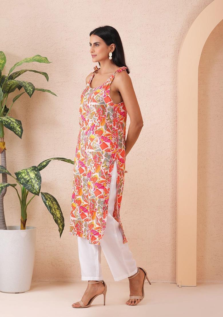 White Printed Cotton Kurtas - Indya