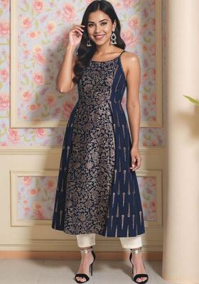 Navy Blue Floral Print Cotton Kurtas