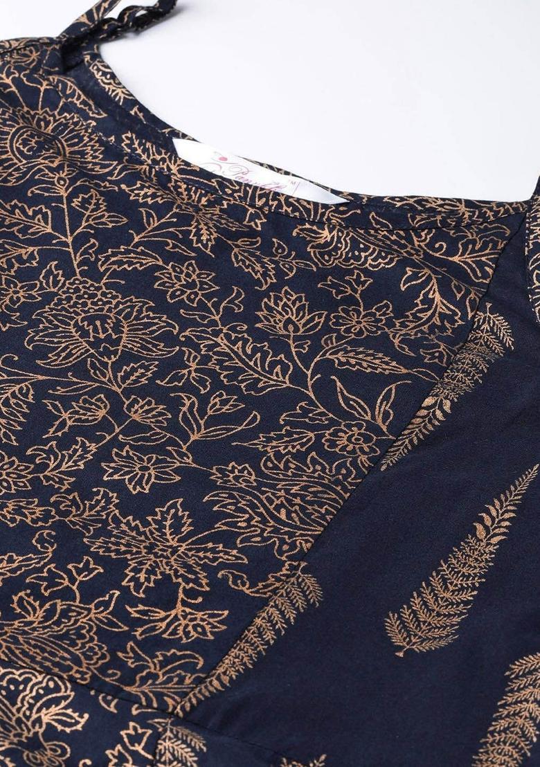 Navy Blue Floral Print Cotton Kurtas - Indya