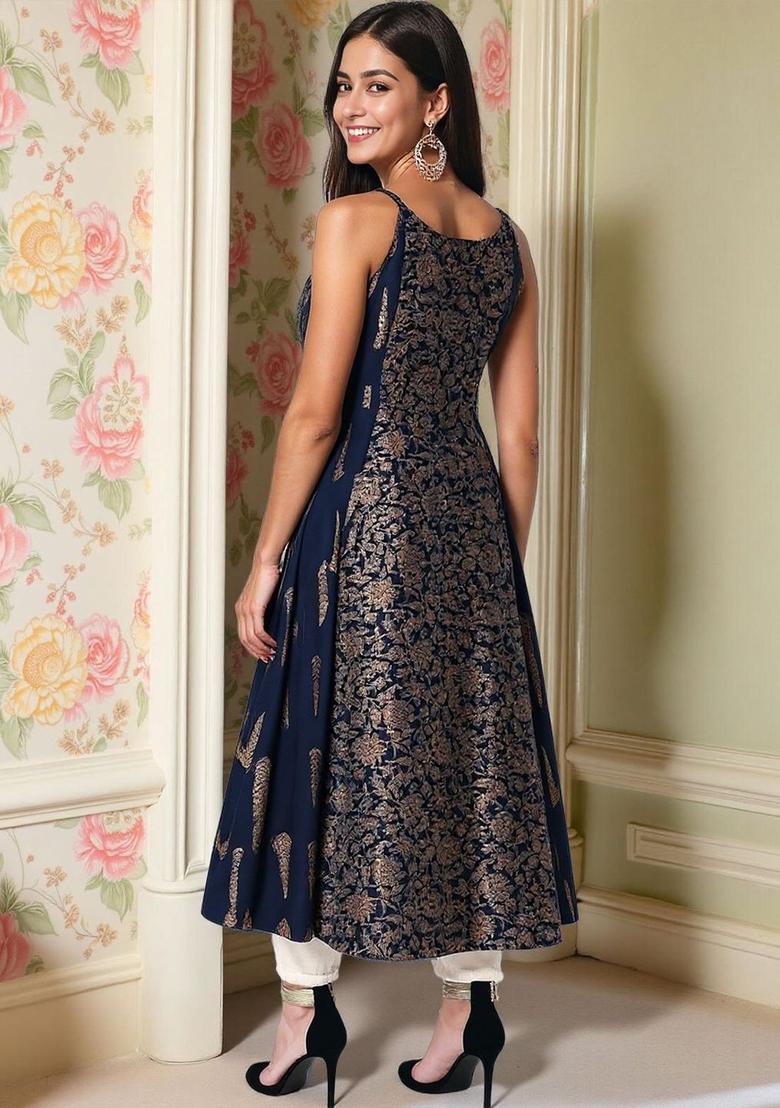 Navy Blue Floral Print Cotton Kurtas - Indya
