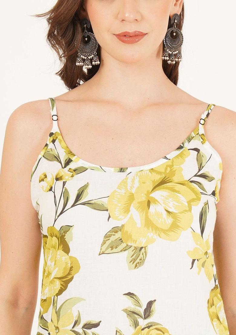 Yellow Floral Print Cotton Kurtas - Indya