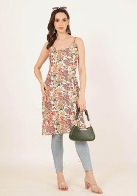 Beige Floral Print Cotton Kurtas