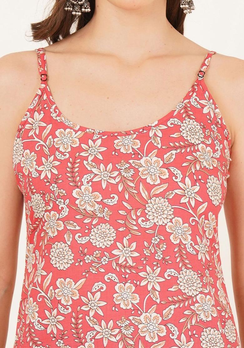 Red Floral Print Kurtas - Indya