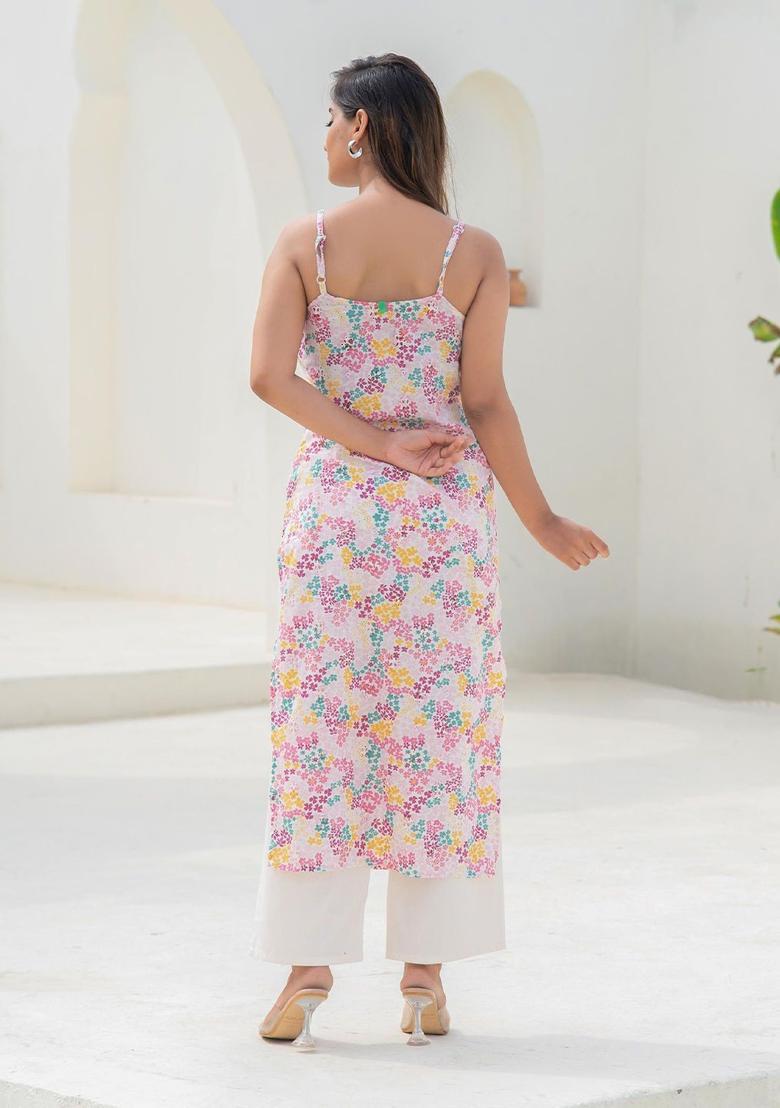 Pink Floral Print Cotton Kurtas - Indya