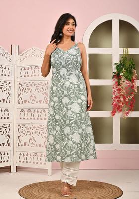 Green Floral Print Cotton Kurtas