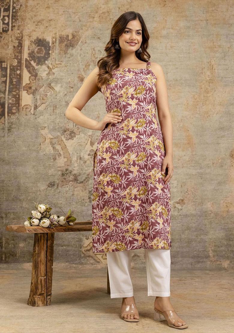Pink Floral Print Cotton Kurtas - Indya