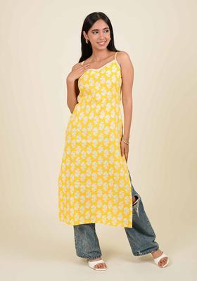 Yellow Floral Print Cotton Kurtas