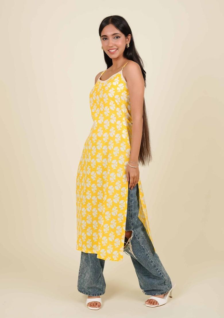 Yellow Floral Print Cotton Kurtas - Indya