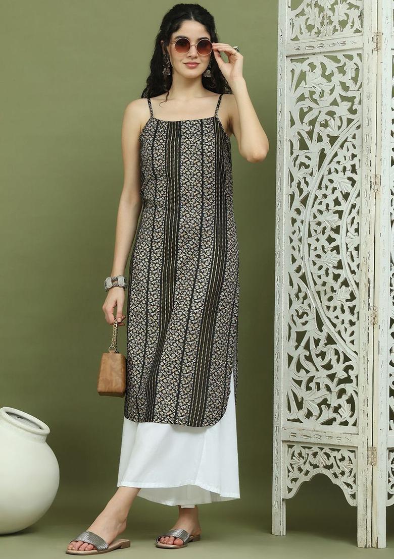 Black Floral Print Kurtas - Indya