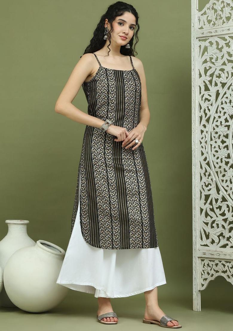 Black Floral Print Kurtas - Indya