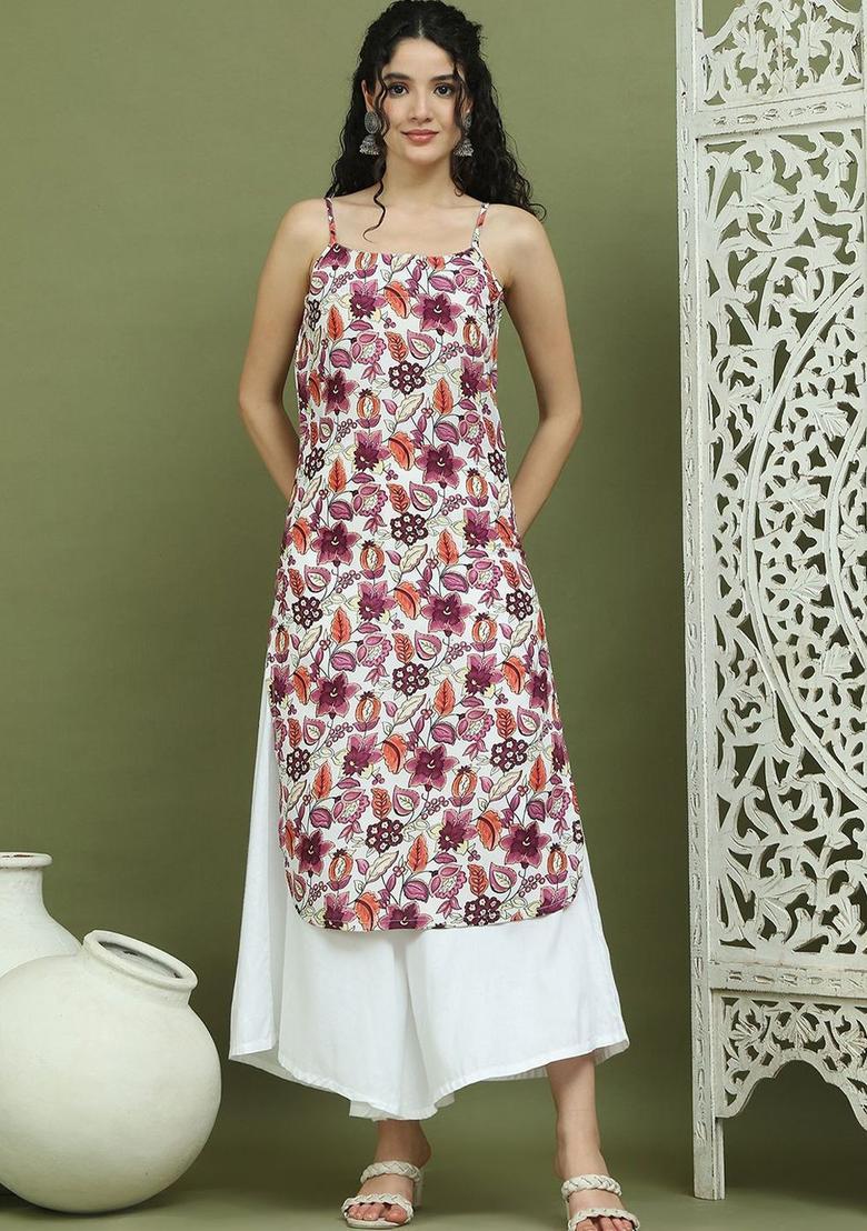Purple Floral Print Kurtas - Indya