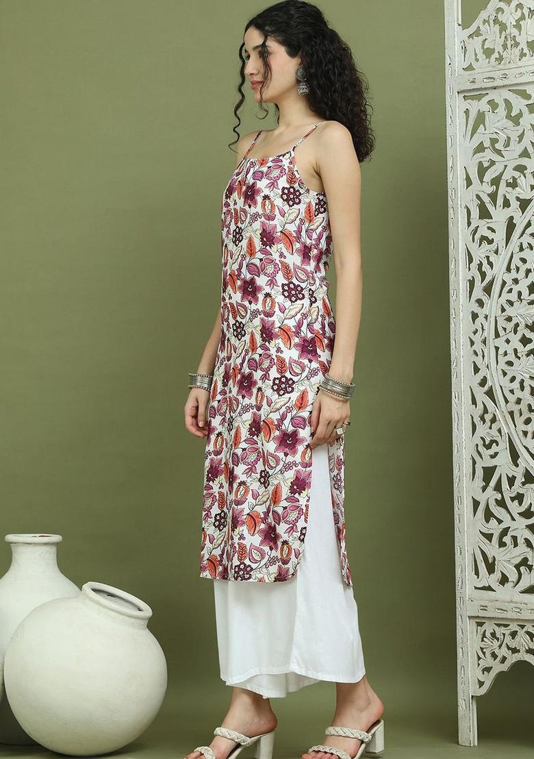Purple Floral Print Kurtas - Indya
