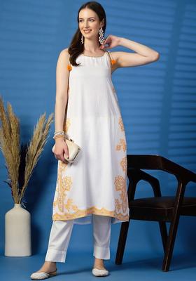 White Floral Print Cotton Kurtas