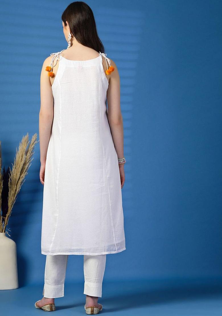 White Floral Print Cotton Kurtas - Indya