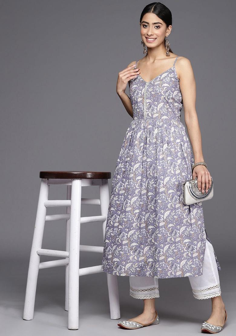 Purple Floral Print Cotton Kurtas - Indya