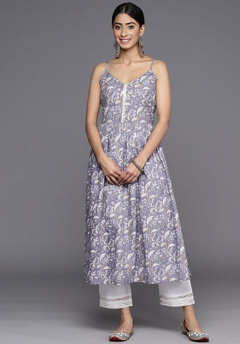 Purple Floral Print Cotton Kurtas — view on Indya