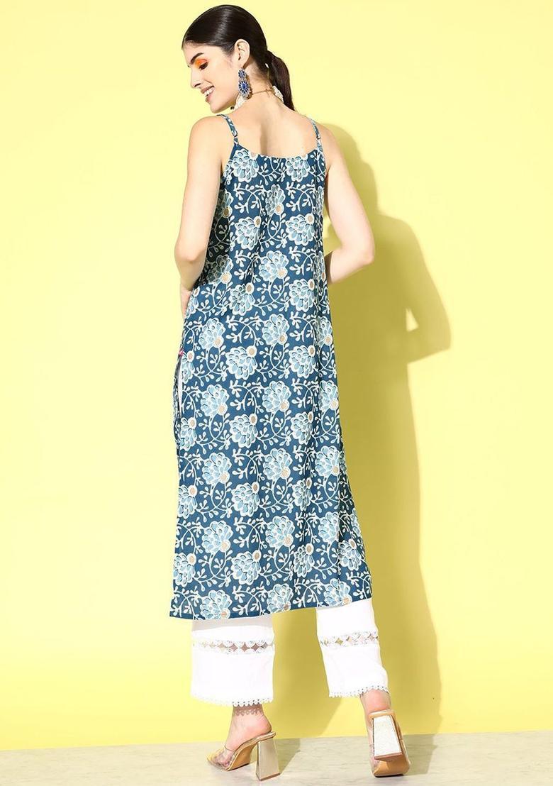 Blue Floral Print Cotton Kurtas - Indya