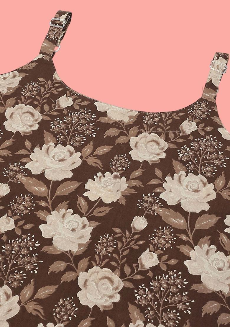 Brown Floral Print Cotton Kurtas - Indya