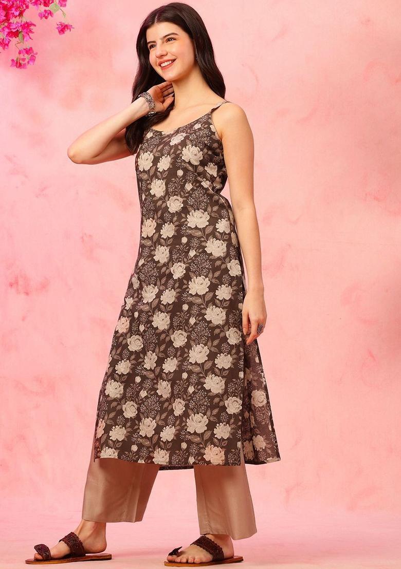 Brown Floral Print Cotton Kurtas - Indya
