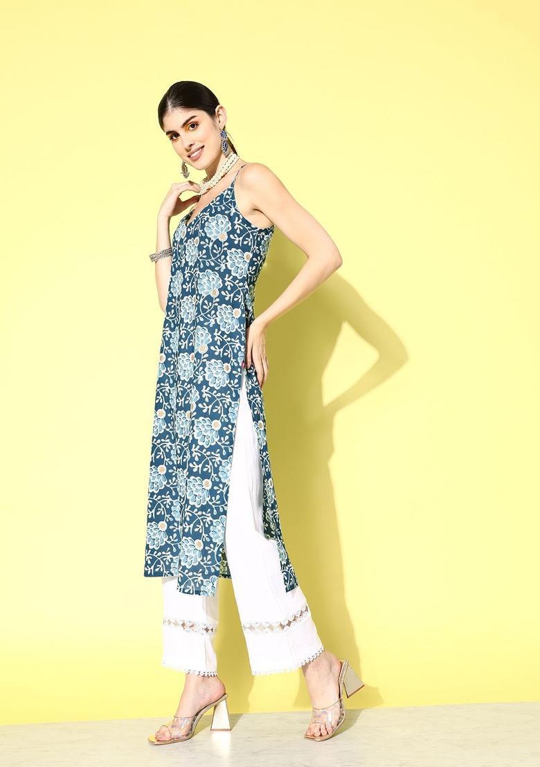 Blue Floral Print Cotton Kurtas - Indya