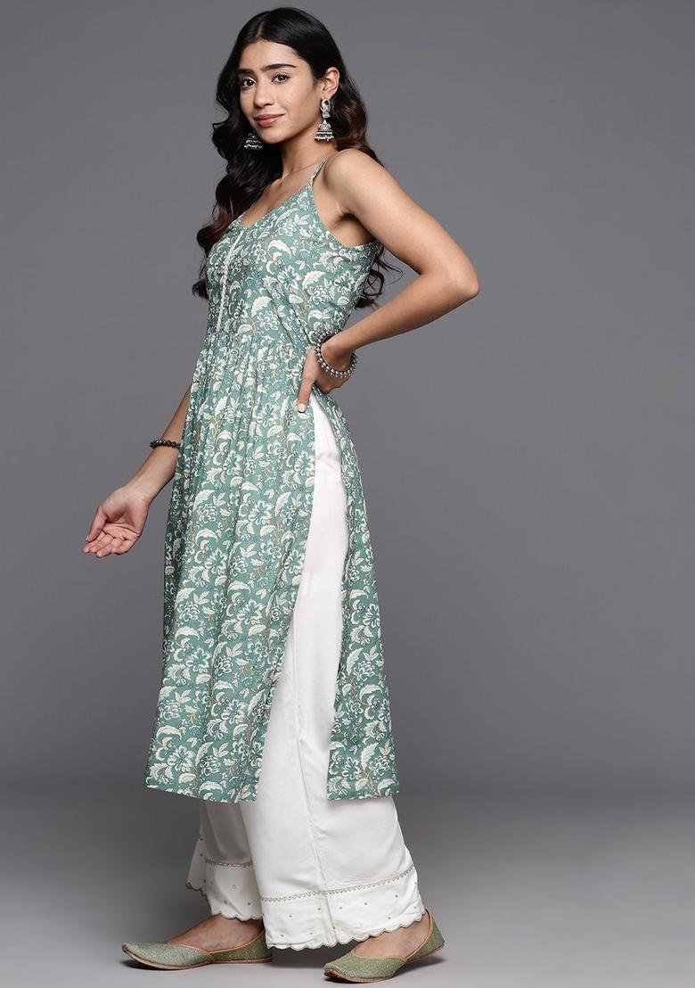 Sea Green Floral Print Cotton Kurtas - Indya
