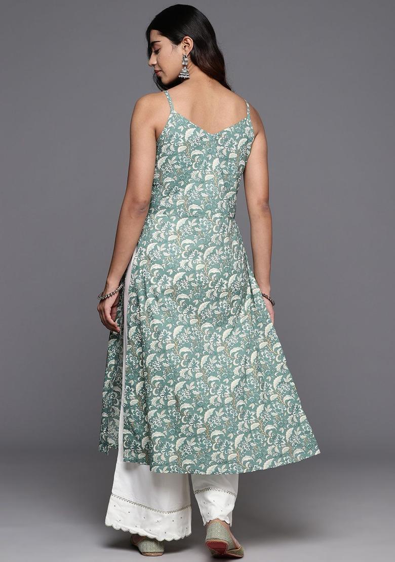 Sea Green Floral Print Cotton Kurtas - Indya