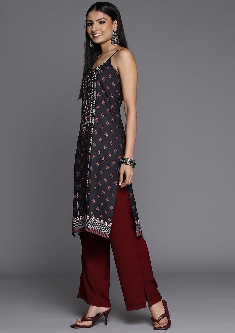 Black Floral Print Kurtas - Indya