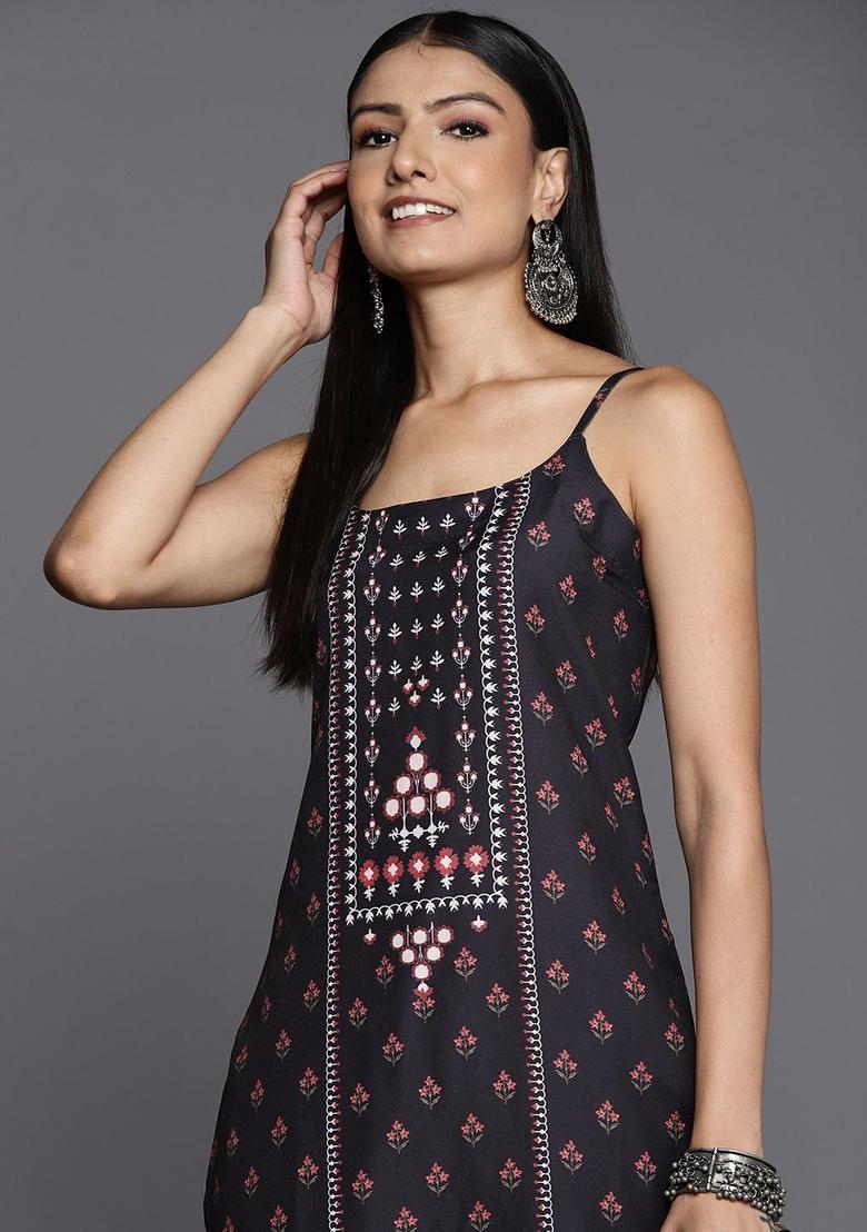 Black Floral Print Kurtas - Indya