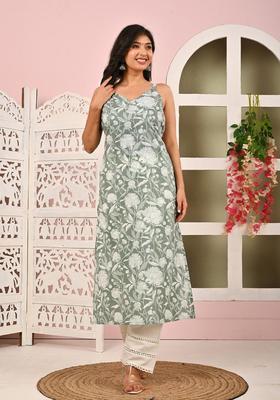 Green Floral Print Cotton Kurtas
