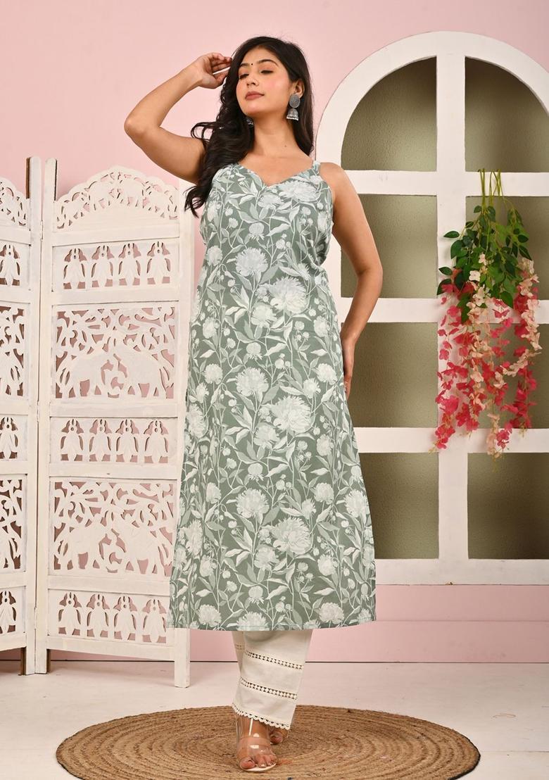 Green Floral Print Cotton Kurtas - Indya
