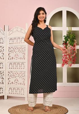 Black Floral Print Cotton Kurtas
